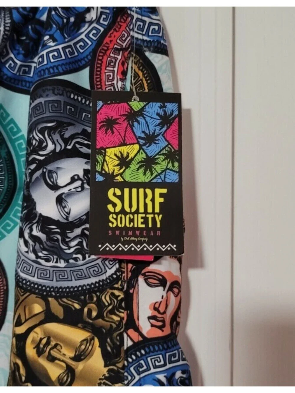 SURF SOCIETY MEDUSA HEAD COIN DRAWSTRING LINED SWIM BOARD SHORTS SIZE S MULTI